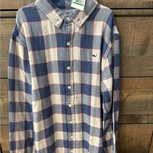 Vineyard Vines Men's Navy and Cream Plaid Shirt